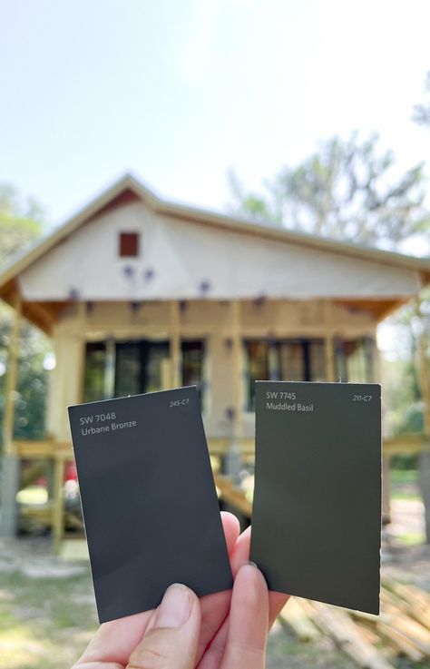 Two Tone Cottage Exterior, Sherwin Williams Muddled Basil, Sherwin Williams Iron Ore Vs Urbane Bronze, Iron Ore Exterior With Cedar, Sw Subterranean Exterior, Mountain Cabin Exterior Color Schemes, Sherwin Williams Inkwell Exterior, Charcoal Green Exterior House, Sw Muddled Basil Exterior