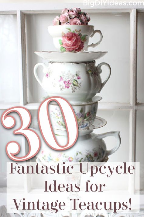 China Cups And Saucers Craft Ideas, Candles In Tea Cups Vintage Teacups, Upcycle Tea Cups And Saucers, Vintage China Crafts, Tea Cup Sculpture, Vintage Teacup Crafts, Decorating With Teapots, What To Do With China Dishes, Crafts With Tea Cups