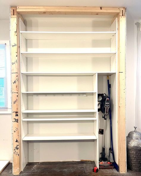 Accordion Pantry Doors, Built In Pantry Closet, Diy Cabinet Pantry, Pantry And Broom Closet Combo, Built In Pantry Cabinet Wall Storage, How To Make A Pantry In Small Kitchen, How To Build A Pantry Cabinet, Remodeling Aesthetic, Diy Pantry Cabinet How To Build