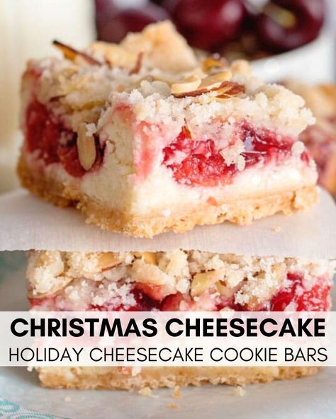 Christmas Cookies Cheesecake, Sugar Cookie Cherry Cheesecake, Christmas Desserts Cream Cheese, Christmas Cherry Desserts, Christmas Cheesecake Bars Recipes, Little Debbie Cheesecake Christmas Tree, Christmas Cherry Cheesecake, Christmas Cream Cheese Desserts, Christmas Desserts With Cream Cheese