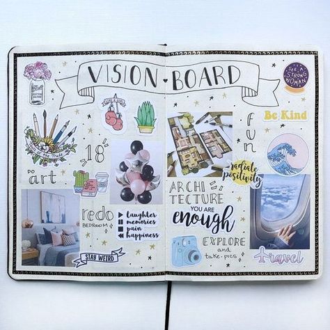 Vision Board Ideas Notebook, Vision Board Design Creative, Scrapbooking Vision Board, Vision Board Ideas Journals, Dream Boards Ideas Layout, Doodle Vision Board, Art Vision Board Ideas, Vision Board In Journal, Vision Board Art Project