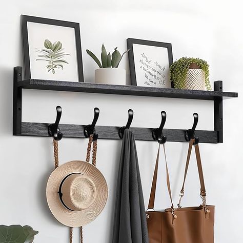 Wood Wall Hooks, Coat Rack Wall Mount, Storage Entryway, Wall Shelf With Hooks, Entryway Shelf, Wooden Coat Hangers, Coat Rack Shelf, Shelf Wood, Modern Entryway