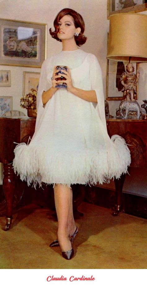 Dress Trims, Claudia Cardinale, Silk Cocktail Dress, Helen Mirren, Catherine Deneuve, Feather Dress, Vintage Style Dresses, Ostrich Feathers, 1960s Fashion