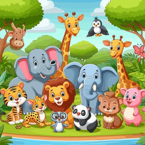 Pricing plans | Freepik Safari Cartoon Animals, Animals Illustration Art, Cute Jungle Animals Illustration, Cartoon Art Cute Animal, Jungle Art For Kids, Cute Animals Background, Jungle Animals Illustration, Animals Cartoon Images, Animals For Preschool