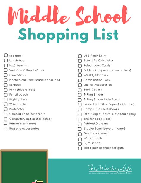 Back To School Shopping List for Middle School Students. Download our FREE printable on what teens will need for school! Back To School Shopping List, Schul Survival Kits, High School Supplies, Ideas To Save Money, Middle School Supplies, Middle School Essentials, Escuela Diy, Back To School List, School Shopping List