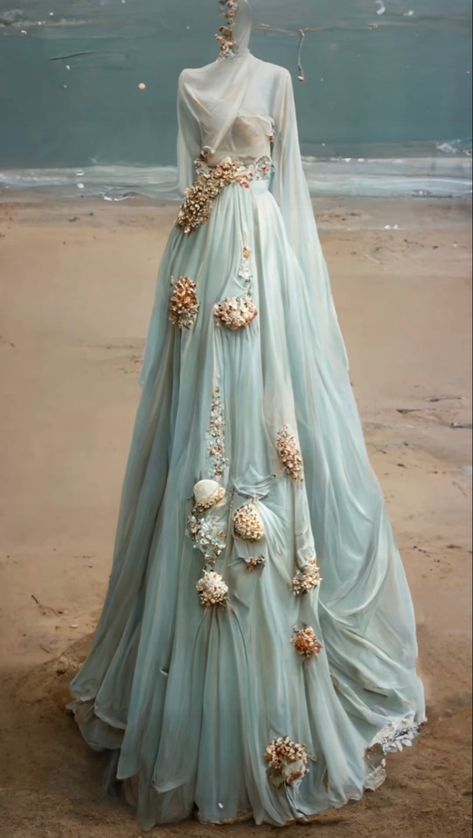 Ocean Inspired Ball Gown, Prom Dresses Ocean Theme, Ocean Fashion Inspiration, Summer Court Aesthetic Dress, Sea Themed Wedding Dress, Ocean Ball Gown, Sea Themed Costumes, Summer Court Outfit Acotar, Ocean Inspired Dress Gowns