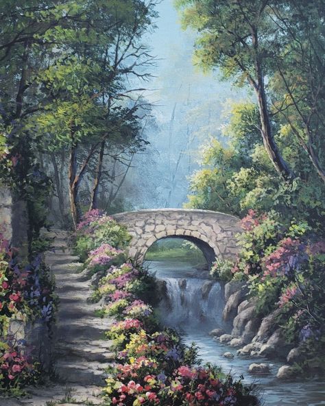 Nature Beauty Painting, Easy Aesthetic Landscape Painting, Beautiful Landscapes To Draw, Bridge Oil Painting, Flower Bushes Drawing, Things To Paint On A Large Canvas, Bridge Landscape Painting, Paintings Of Forests, Water Painting Scenery