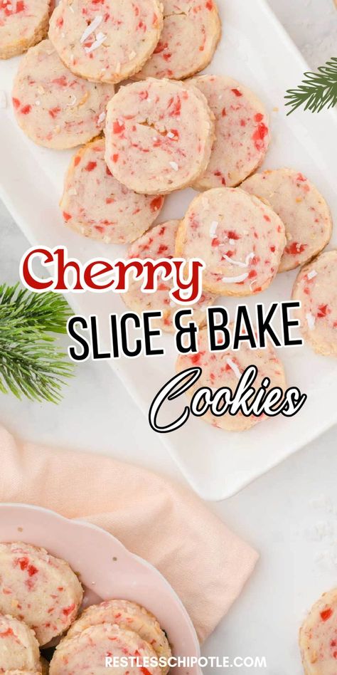 Looking for the best holiday cookies? These buttery cherry slice & bake cookies are so easy and make the perfect Christmas cookies for Santa! The dough can be made ahead of time and slice and bake or make ahead and freeze until needed! Cherry Slices Recipe, Christmas Cookies Cherry, Easy Slice And Bake Cookies, Slice Cookies Christmas, Slice And Bake Cookies Recipes Christmas, Christmas Slice And Bake Cookies, Christmas Cookies That Freeze Well, Slice And Bake Cookies Christmas, Slice And Bake Christmas Cookies