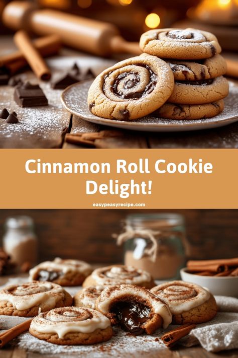 Plate of cinnamon roll cookies with chocolate drizzle and powdered sugar, with baking ingredients in the background. Pumpkin Spice Roll Cookies, Cookies Cinnamon Roll, Recess Cookies, Cinnamon Roll Cookies Recipe, 2024 Cookies, Girls Hangout, Cake Pastries, Crumble Cookie, Fall Cookie Recipes