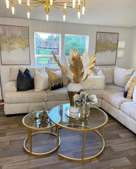 Brown Gold White Living Room, Grey Gold And Brown Living Room, Living Room Inspo Cream Couch, Tan And Gold Living Room, Cream And Gold Living Room Ideas, Brown And Gold Living Room Ideas, Marble And Gold Living Room, Cream Couch Decor, Cream Furniture Living Room