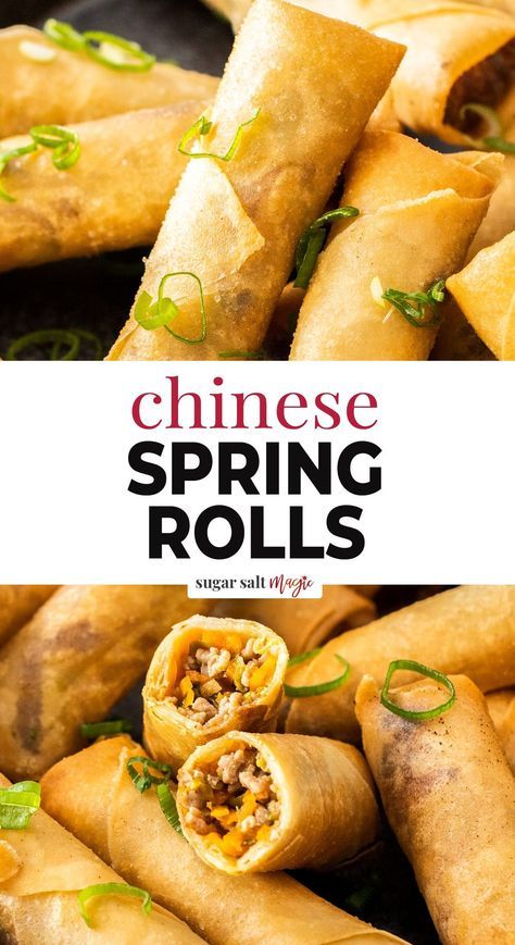 These homemade spring rolls are so easy to make. Filled with a tasty combination of meat and vegetables, all wrapped in a shatteringly crispy exterior they’re a tasty classic Chinese appetizer. Chinese spring rolls are crunchy little fried tubes of meat and shredded veggies and they’re seriously morish. This super simple recipe for a Chinese restaurant classic will make you a pro in no time. It really is so simple to customise them to the filling you like. Meat Spring Rolls, Beef Spring Rolls Recipe, Beef Spring Rolls, Pork Egg Roll Recipes, Asian Spring Rolls, Easy Spring Rolls, Asian Sides, Chinese Spring Rolls, Homemade Spring Rolls