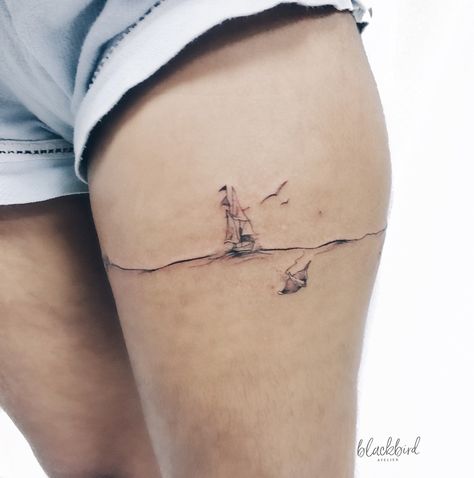 Around the thigh tattoo - very original Inner Thigh Tattoos, Thigh Band Tattoo, Leg Band Tattoos, Lace Tattoos, Sailboat Tattoo, Boat Tattoo, Bike Tattoos, Bug Tattoo, Anklet Tattoos