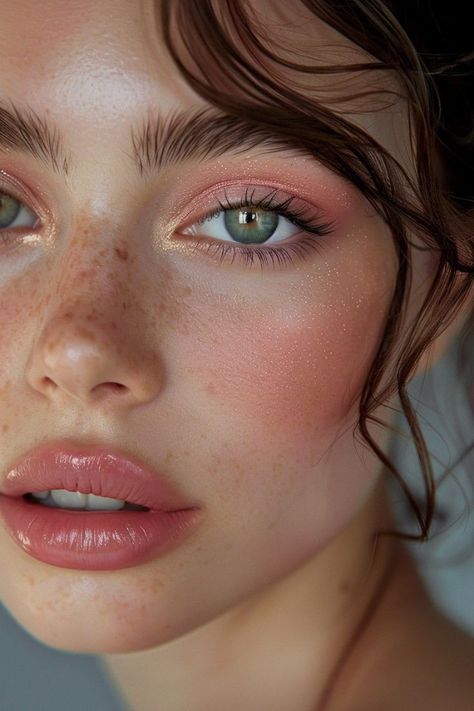 Peach Look Makeup, Eye Looks Makeup, Light Shimmer Eyeshadow, Light Colored Makeup, Elegant Makeup For Blue Eyes, Glowing Natural Makeup, Makeup For Lilac Outfit, Soft Peach Makeup Look, Peachy Summer Makeup