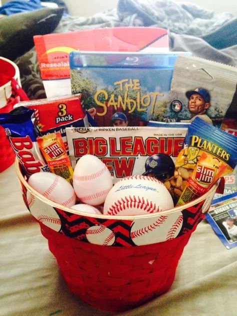 Baseball Easter Basket, Baseball Gift Basket, Creative Easter Baskets, Auction Basket, Boys Easter Basket, Raffle Basket, Auction Baskets, Lilo Und Stitch, Kids Gift Baskets