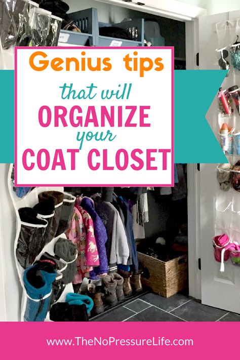 These coat closet organization ideas are brilliant and so easy to DIY for cheap! We now have the perfect storage system for our front entry. Learn how we did it! #organization #closetorganization #coatcloset #organizedhome #mudroom via @nopressurelife Ideas For Coat Closet, Coat Closet Organization Ideas, Coat Closet Organization Front Entry, Clutter Hacks, Organizing House, Closet Organization Cheap, Entry Storage, Front Closet, Coat Closet Organization