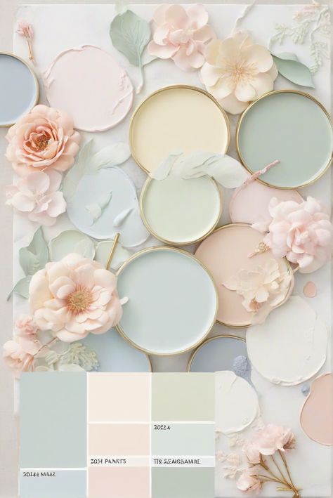 Pastel interior design, Misty ambiance decor, Sherwin-Williams trends, Color trends 2024 Peach And Teal Wall Paint, Rustic Chic Color Palette, Shabby Chic Color Palette Colour Schemes, Sherwin Williams Pastels, Color Palettes Ideas, Soft Interior Paint Colors, Pastel Home Paint Colors, Home Pastel Color, Pastel Green Bedroom Walls