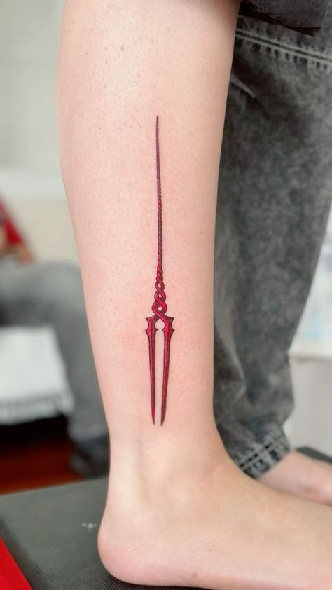 Spear Of Longinus Tattoo, Tattoo Red Ink, Evangelion Tattoo, Atlas Tattoo, Neon Tattoo, Woodcut Tattoo, Tattoo Red, One Piece Tattoos, Clever Tattoos