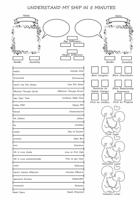 Couple Fill Out Sheet, Character Relationship Template, My Ship Templates, Oc Temple Sheet, Oc Questions Template, Oc Ship Chart Template, Explain Your Ship Template, Yumejoshi Template, Get To Know My Ship In 5 Minutes