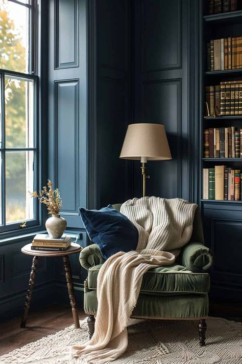 Rugs In Dark Living Room, Moody Blue And Green Living Room, Dark Teal Sunroom, Green English Living Room, Blue Green Family Room, Blue French Living Room, Blue Green Brown Home Decor, Blue Green And Burgundy Living Room, Blue Wall Green Couch