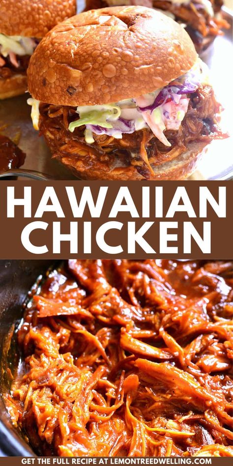 Slow Cooker Hawaiian Chicken is smoky, sweet, and slow cooked to perfection. It's perfect for parties or game days, and especially delicious topped with our creamy Hawaiian Coleslaw! Pulled Hawaiian Chicken Crock Pot, What To Cook At The Beach, Easy Beach Day Meals, Dinner Ideas Summer Easy, Outdoor Dinner Recipes, Crock Pot Beach Meals, Hawaiian Luau Party Food Dinners, Bbq Main Dish Ideas, Easy Summer Crock Pot Meals