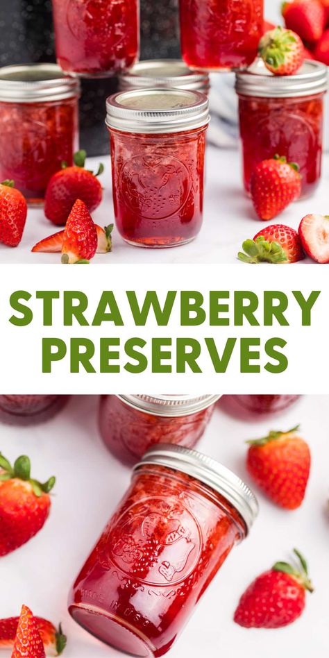 This strawberry preserves recipe is a new tradition. It's the homemade touch your breakfast table needs! Easy Strawberry Preserves, Strawberry Preserves Recipe Canning, Strawberry Preserves Canning, Strawberry Preserves Recipe With Pectin, Strawberry Preserves Recipe, Canned Jam, Canning Guide, Pickled Recipes, Homemade Preserves