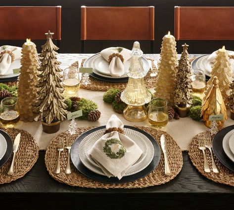 Get The Look: A Warm Holiday Setting | Pottery Barn Christmas Dining Table Decor, Pottery Barn Christmas, Holiday Lookbook, Christmas Dining Table, Embroidered Napkins, Rustic Wreath, Holiday Set, Christmas Tablescapes, Christmas Dining