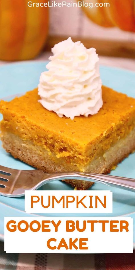 Paula Deen's Pumpkin Gooey Butter Cake Bars Recipe - Grace Like Rain Blog Paula Deen Pumpkin Bars, Pumpkin Butter Cake, Pumpkin Gooey Butter Cake, Butter Cake Bars, Ooey Gooey Cake, Pumpkin Cheesecake Cookies, Ooey Gooey Butter Cake, Cake Bars Recipe, Cake Pumpkin