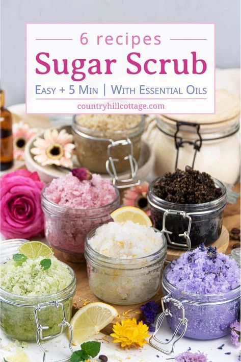 See how to make the best easy DIY body scrub recipes at home with essential oils for glowing skin! Included are 6 simple natural ideas for lavender, rose, lemon, vanilla, lime peppermint/mint and coffee brown body scrub. Exfoliating body scrub made with coconut oil and vitamin E. Comes with tips for how to use, packaging ideas, storage, shelf life and free printable labels. Great for shaving legs, foot, hands and lips. Quick DIY gift idea! #sugarscrub #bodyscrub #gift | countryhillcottage.com Essential Oils For Glowing Skin, Recipes For Glowing Skin, Easy Diy Body Scrub, Diy Sugar Scrub, Diy Body Scrub Recipes, Diy Sugar Scrub Recipe, Lemon Sugar Scrub, Scrub Exfoliating, Săpunuri Handmade