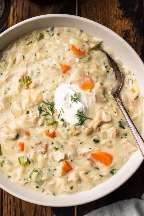 Instapot Rotisserie Chicken Soup, Creamy Chicken Orzo Soup Recipes, One Pot Chicken Orzo Soup, Creamy Chicken And Orzo Soup, Crock Pot Chicken Orzo Soup, Soup Recipes With Orzo, Orzo Chicken Soup Recipes, Chicken Farro Soup, Cream Chicken Soup Recipes