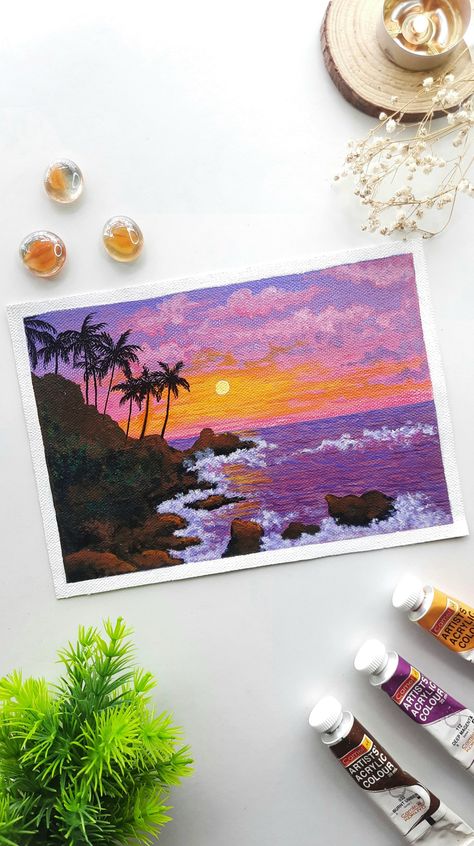 Nature Scene Painting Easy, Acrylic Painting Scenery Beautiful, Purple Sunset Painting Acrylic, Seanery Painting, Cute Scenery Painting, Easy Scenery Painting For Beginners, Scenery Painting Aesthetic, Detailed Painting Ideas, Senary Painting Art