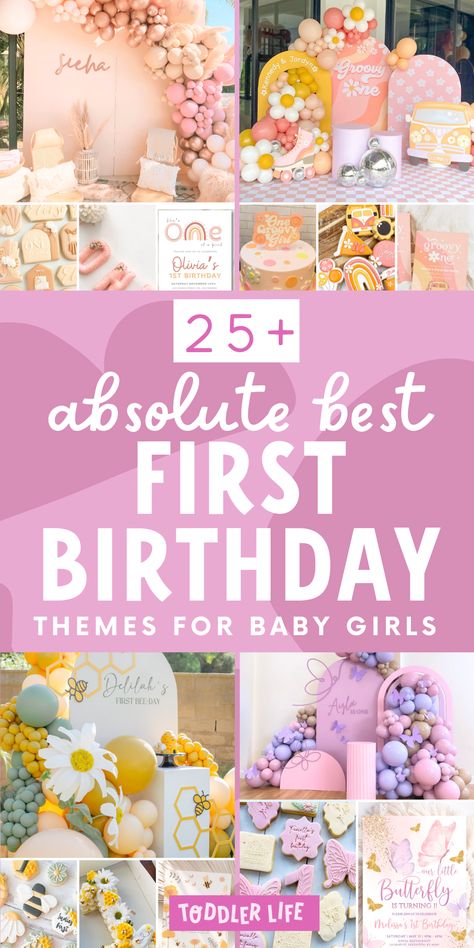 Planning your baby girl's 1st birthday and on the hunt for cute baby first birthday themes? I'm a professional parties writer and *these* are my fav 1st birthday themes girl edition in 2025 - including tons of super cute tips and 1 year birthday party ideas! Celebrating first birthdays is something so precious - and I truly hope these first birthday party themes inspire you! (Pin to your 1st birthday girl party ideas board!) Birthday Themes One Year Old, First Birthday Themes For Baby Girl, Summer First Birthday Theme Girl, 1st Birthday Princess Theme Decorations, June 1st Birthday Girl, 1st Summer Birthday Party Ideas, 1 Year Birthday Party Themes, Indoor 1st Birthday Party Ideas, First Birthday Ideas For A Girl