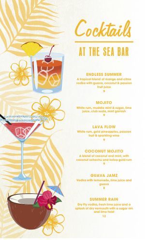 Cocktail Menu Templates and Designs - MustHaveMenus Beach Menu Design, Cocktail List Menu, Cocktail Menu Design, Pool Menu, Summer Cocktail Menu, Juice Cafe, Drink Menu Design, Menu Maker, Coconut Mojito