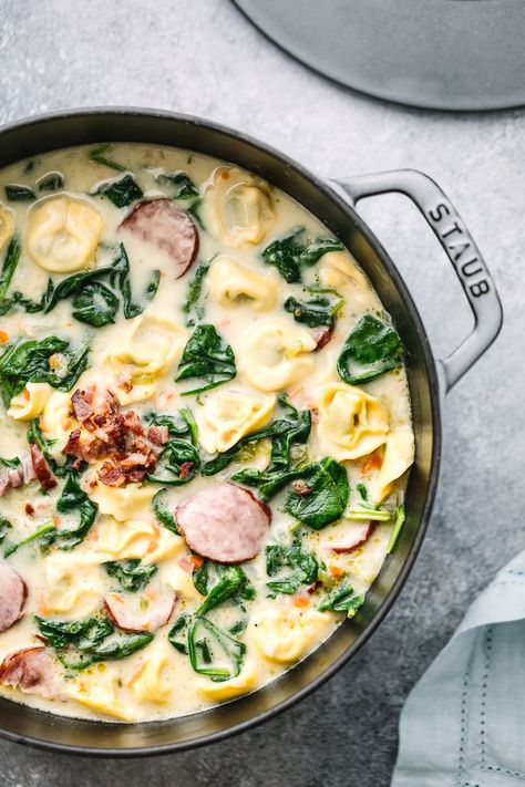 Tortellini Soup With Kielbasa, Tortellini Soup With Cream Cheese, Soup With Kielbasa, Soup With Cream Cheese, Cream Cheese And Spinach, Kielbasa Soup, Creamy Tortellini, Creamy Tortellini Soup, Spinach Tortellini Soup