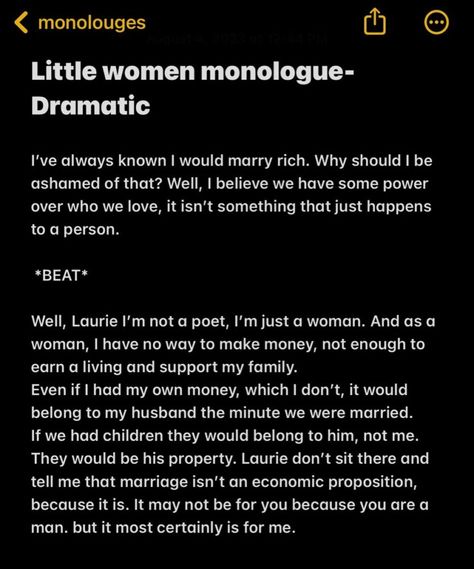 amy march dramatic monologue Serious Monologue, One Minute Monologues For Women, Good Monologues, Famous Movie Monologues, Monologues Female Dramatic From Movies, Dramatic Acting Scripts To Practice, Euphoria Monologue, Short Monologues For Auditions, Movie Scripts To Practice Acting