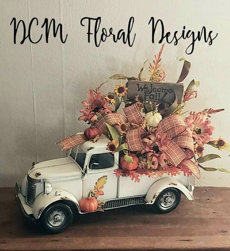 Fall Truck Decor, Truck Floral Arrangement, Vintage Truck Fall Decor, Red Truck Floral Arrangement, Red Truck Christmas Floral Arrangement, Old Farm Truck Fall Decor, Old Truck With Pumpkins, Halloween Wedding Decorations, Truck Crafts