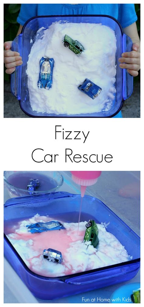 Vinegar-Free Fizzy Car Rescue! from Fun at Home with Kids Sensory Bins, Transportation Activities, Transportation Preschool, Home With Kids, Transportation Theme, Preschool Science, Sensory Bin, Toddler Fun, Preschool Fun