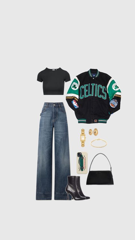 Rock this stylish outfit at the Celtics game! Stay on-trend while representing your team. If you're loving this look, hit that like button and follow for more basketball game day outfit ideas! 🏀☘️ #BostonCeltics #GameDayFashion #BasketballStyle Celtics Game Outfit, Basketball Outfit For Women Fashion, Basketball Game Day Outfit, Celtics Outfit, Boston Celtics Outfit, Basketball Game Outfit Women, Celtics Game, Basketball Game Outfit, Boston Outfits