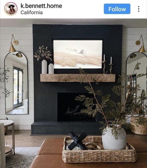 Black Fireplace Grey Wall, Boho Black Fireplace, Tv On Black Fireplace, Wall Fireplace Insert, Dark Gray Painted Fireplace Brick, Living Room With Black Fireplace Wall, Living Room Ideas With Black Fireplace, Neutral Living Room With Black Fireplace, Mirrors On Tv Wall