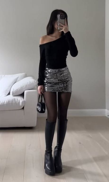 new years eve outfit: sequin mini skirt Elegantes Party Outfit, Sequin Skirt Outfit, Night Out Outfit Clubwear, Silver Sequin Skirt, New Year’s Eve Outfit, Party Outfits Night, Outfits New Year, Nye Outfits, Maggie Lindemann