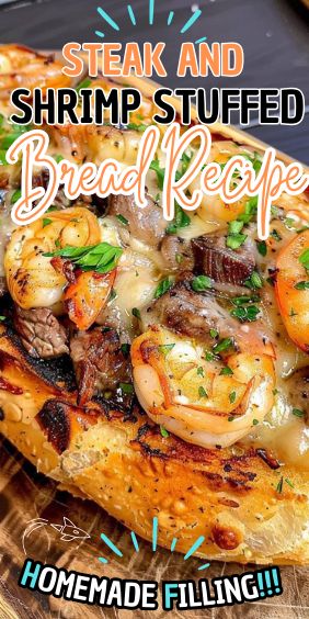 Steak and Shrimp Stuffed Bread Steak And Shrimp Stuffed Bread, Shrimp And Steak Recipes, Steak And Shrimp Recipes, Stuffed Steak, Shrimp Stuffed, Leftover Steak, Stuffed Bread, Steak And Shrimp, Bread Alternatives