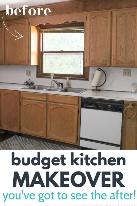 Diy House Updates Budget, Stenciled Kitchen Cabinets, Tin Backsplash Kitchen Farmhouse, Oak Kitchen Cabinets Makeover, Small Kitchen Dark Cabinets, 60s Kitchen Remodel, 1960s Kitchen Cabinets, Ranch House Remodel Interior, Stenciled Backsplash