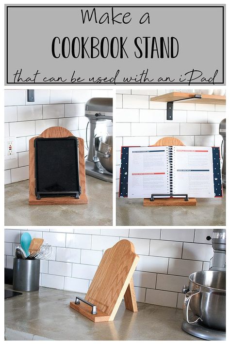 Diy Wooden Cookbook Stand, Diy Recipe Stand, Diy Wood Recipe Book Holder, Recipe Book Stand Diy, Recipe Holder Stand, Diy Kitchen Wood Projects, Cook Book Stand Diy, Recipe Book Holder Diy, Cookbook Holder Diy