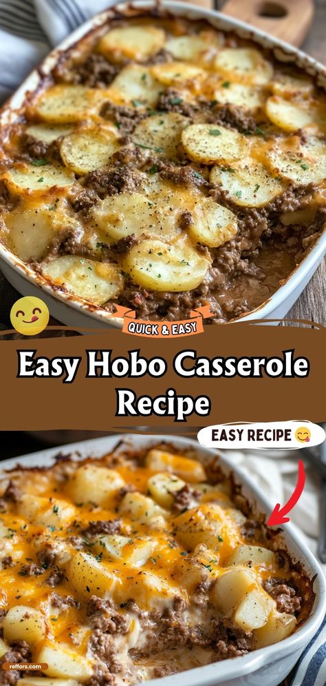 This Easy Hobo Casserole is a simple, no-fuss dish that’s packed with flavor. Ground beef, potatoes, and veggies come together in a meal that's perfect for busy nights. #HoboCasserole #EasyDinner #OnePanMeal Meals For 2 With Ground Beef, Hobo Dinner Casserole, Hobo Hot Dish, Quick And Easy Ground Turkey Recipes, Ground Turkey Casserole Recipes Easy, Easy Ground Beef Dinner Ideas, Quick Supper Ideas Easy Ground Beef, Hobo Casserole Recipes, Quick Easy Ground Beef Recipes