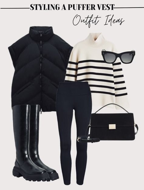 Oversize Puffer Vest, Winter Outfits For Work Women, Sweater Outfit Inspiration, Rainy Day Outfit Women Casual, Women Vest Outfits Winter, Breton Sweater Outfit, Leggings 2023 Street Style, Styling Leggings Winter, Down Vest Outfit Womens