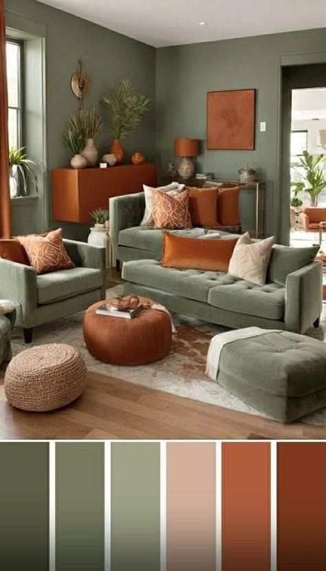 Burnt Orange Living Room, Dark Green Living Room, Green Living Room Decor, Living Room Orange, Living Room Color Schemes, Room Curtains, Room Color Schemes, Leather Couch, Living Room Green