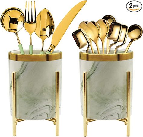 Amazon.com - Pgyeb 2 PCS Kitchen Utensil Holder for Countertop, Marble Ceramic Utensil Crock with Sturdy Metal Frame 3.15 * 4.7 inch Green and Gold For Store Forks, Knives, Spoons, Napkins - Countertop Marble, Spoon And Fork Holder, Silverware Caddy, Cooking Utensil Holder, Ceramic Utensil Holder, Flatware Organizer, Marble Ceramic, Silverware Holder, Kitchen Spoon