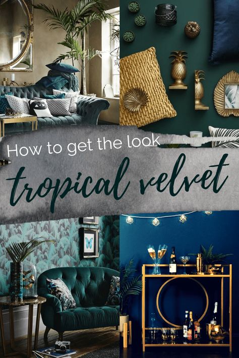 Get the Look | Green and gold living room | Tropical velvet luxury home decor ideas | When It Alteration Finds Tropical Velvet Luxe, Green And Gold Living Room, Living Room Tropical, Tropical Velvet, Look Tropical, Tropical Luxury, Gold Living, Gold Living Room, Cute Dorm Rooms