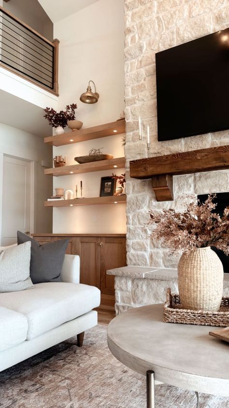 Shelby Masson | Home + Lifestyle Design | When I say this STONE is a show stopper in our home… It truly is!!! We are sharing all the deets: ⬇️ Hit SAVE - so you don’t forget!... | Instagram Mixed Stone Fireplace, Transitional Fireplace Design Stone, Living Room Kitchen Transition, Off Center Fireplace Living Room Layout, Home Decor With Light Wood Floors, Open Wall Living Room, How To Decorate Modern Farmhouse Style, Grand Stone Fireplace, Stone Living Room Fireplace