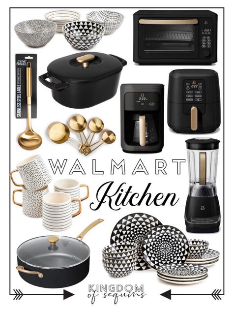 Matte Black And Gold Appliances, Home Kitchen Appliances, White Black And Gold Kitchen Ideas, Black Gold And White Kitchen Decor, Black And Gold Aesthetic Home, Kitchen Decor Black And Gold, Black Gold Silver Kitchen Decor, Black Kitchen Theme Ideas, White Kitchen Accessories Ideas