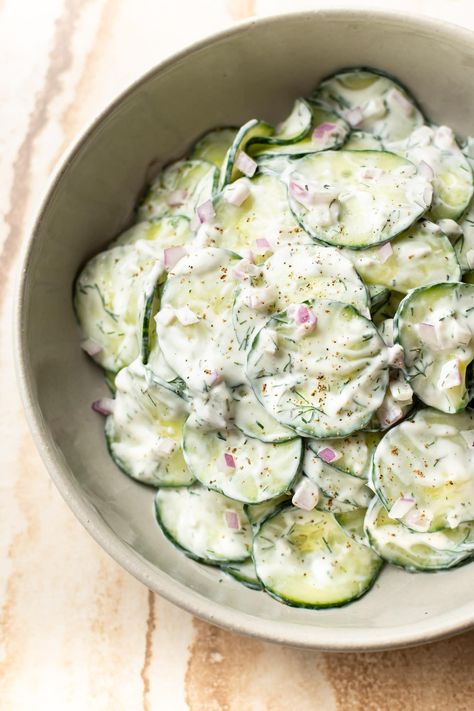 Cucumber Dill Salad, Creamy Cucumber Salad, Resep Salad, Creamy Cucumbers, Budget Bytes, Grape Salad, Cucumber Recipes Salad, Crustless Quiche, Spinach Stuffed Mushrooms